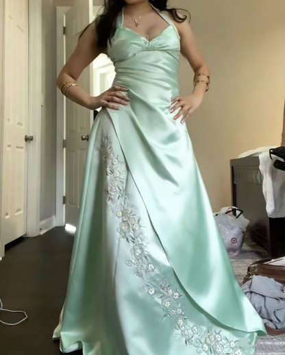 Classy Halter Pink Satin Mermaid Long Birthday Party Dress Evening Gown D1538