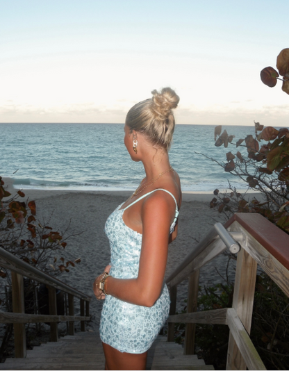 Gorgeous Blue Sequin Sheath Short Graduation Homecoming Dress,Spaghetti Straps Mini 18th Birthday Outfits D3856
