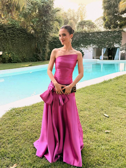 Elegant Magenta Satin Mermaid Long Birthday Party Dress Strapless Long Wedding Guest Dress D4595