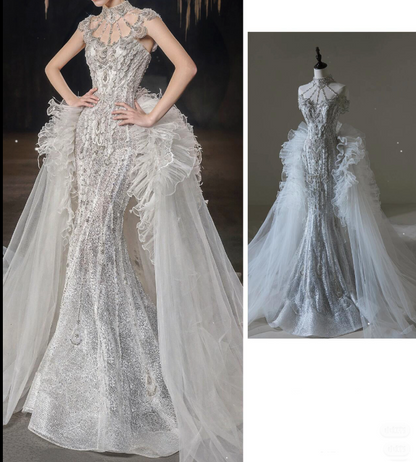 Princess Mermaid Strapless Neckline Sequin White Tulle Wedding Dresses SD1753