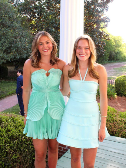 Unique Green Strapless Satin Pleated A Line Short Graduation Homecoming Dress Cocktail Dress D3501