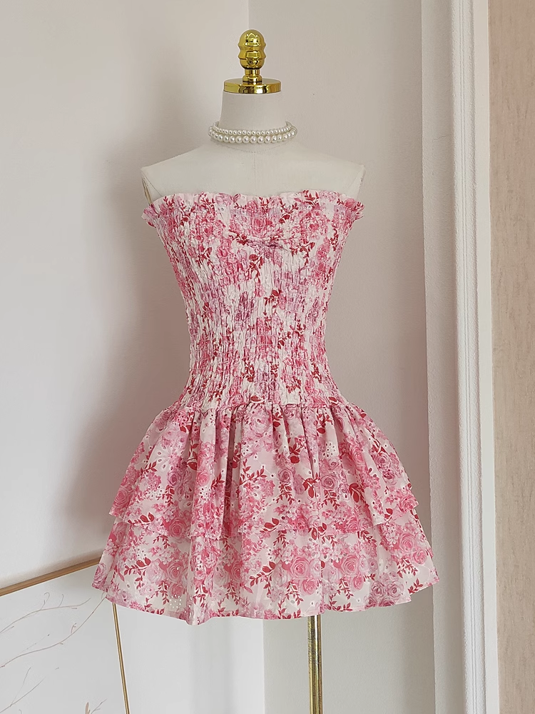 Cute A line Strapless Sleeveless Pink Floral Party Dress Short Birthday Outfits SD381