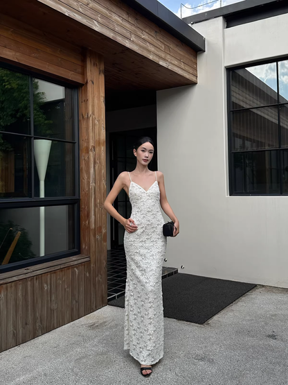 Pretty Spaghetti Straps V Neck Off White Lace Sequin Mermaid Long Evening Dress Formal Wedding Guest Dress D2125