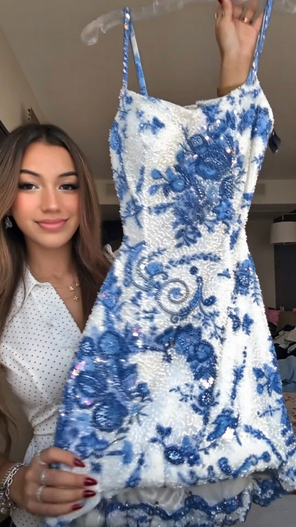 Gorgeous Blue Sequin Beaded Sheath Short Homecoming Dress Backless Short Birthday Dress D4637