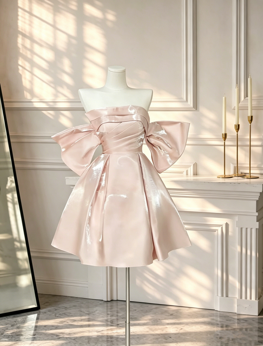 Elegant Off The Shoulder A Line Cocktail Dress Pink Satin Short 16th Birthday Outfits D2636