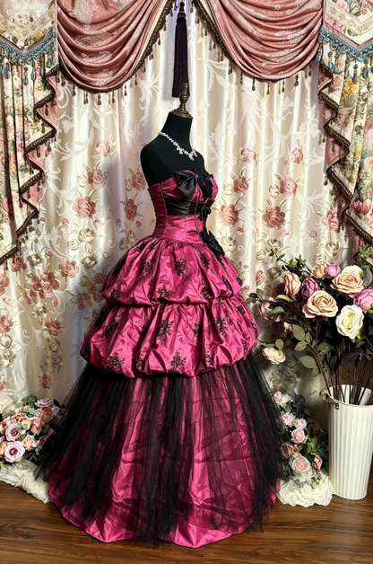 Vintage Strapless Pink Lace Satin Layered Ball Gown Long Party Dress With Bow  D1409