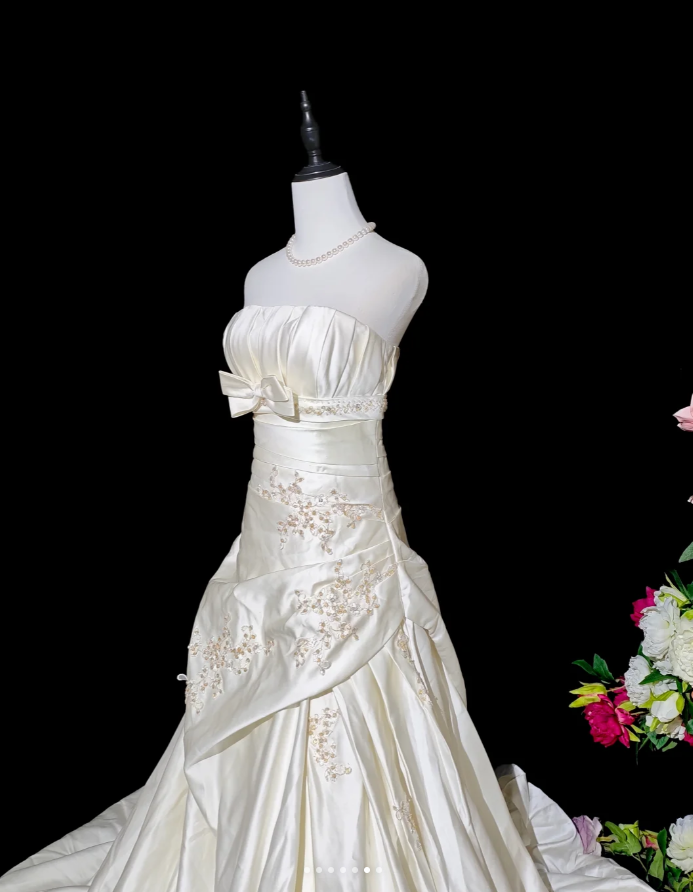 Charming Strapless Ivory Beaded Satin Pleated Mermaid Long Evening Dress Formal Birthday Prom Gowns D2366