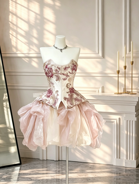 Vintage Pink Strapless Satin Print Floral Tulle A Line Short Homecoming Dress Cocktail Dress D2637