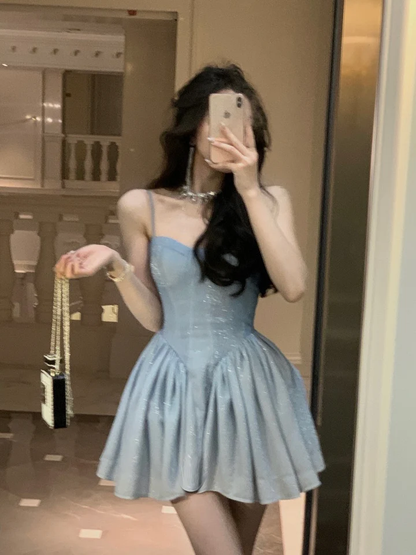 Shiny Blue Satin Sequin A Line Homecoming Dress Cocktail Dress Spaghetti Straps Birthday Outfits  S489