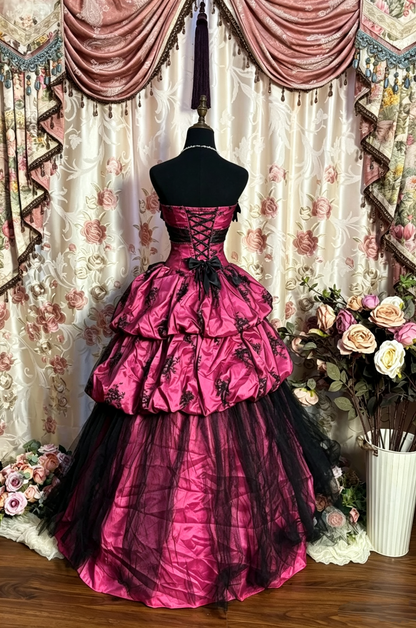 Vintage Strapless Pink Lace Satin Layered Ball Gown Long Party Dress With Bow  D1409