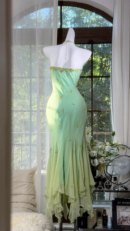 Elegant Halter Light Green Chiffon Beaded Mermaid Long Party Dress Prom Gown D2934