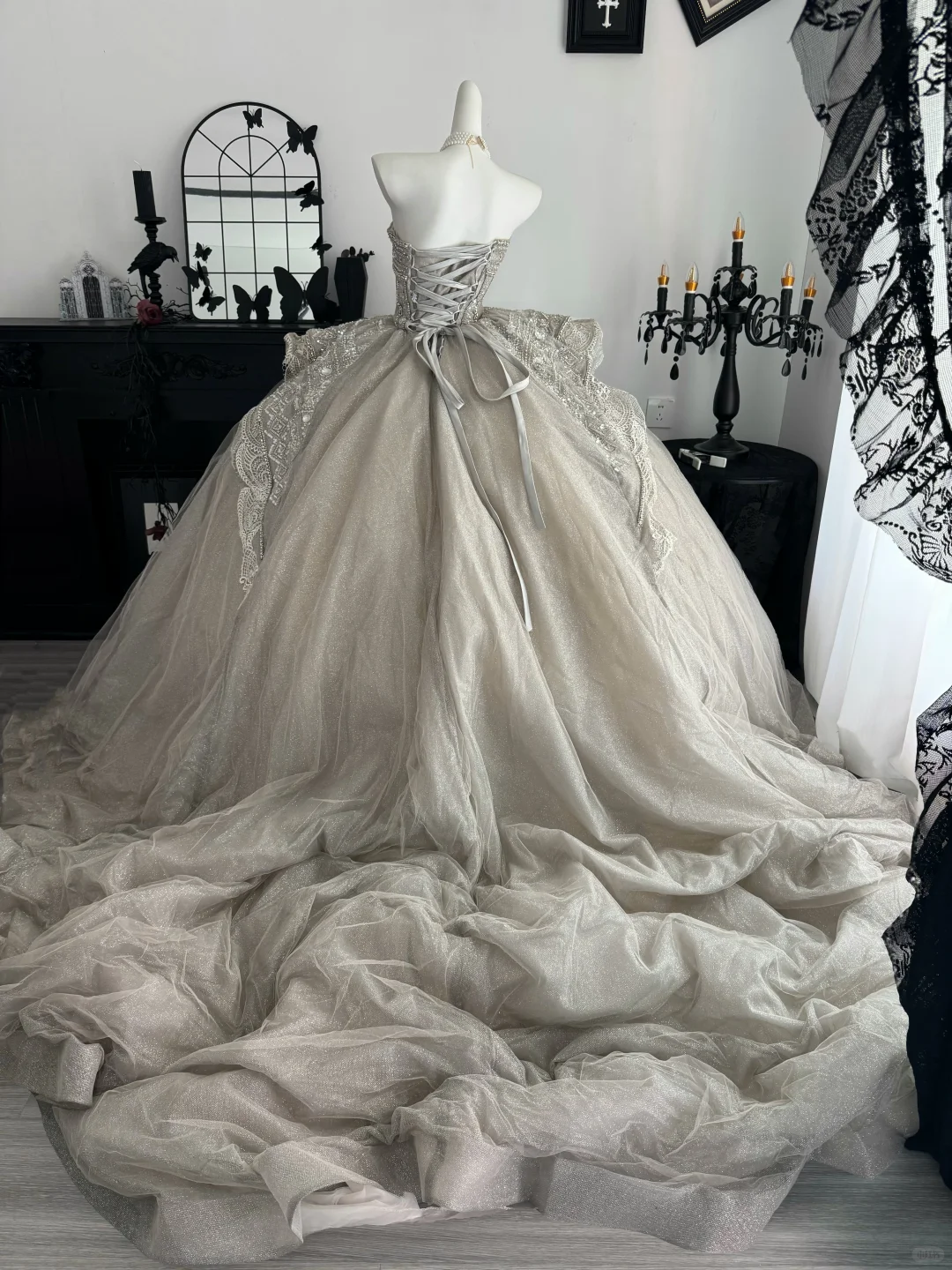 Vintage Strapless Gray Tulle Beaded Long Wedding Dress Bridal Gown D3697