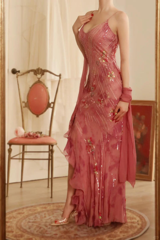 Pretty Pink Chiffon Ruffles Beaded Slit Mermaid Long Party Dress Evening Dress With Scarf D2788