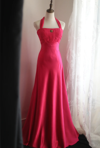 Glamorous Halter Hot Pink Satin Chiffon Mermaid Long Party Dress Formal Birthday Prom Gowns With Cape D2329