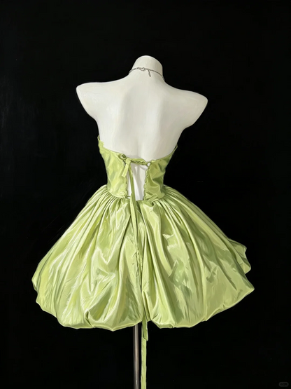 Pretty Strapless Satin Short Party Dress Apple Green Short Homecoming Dress D5218