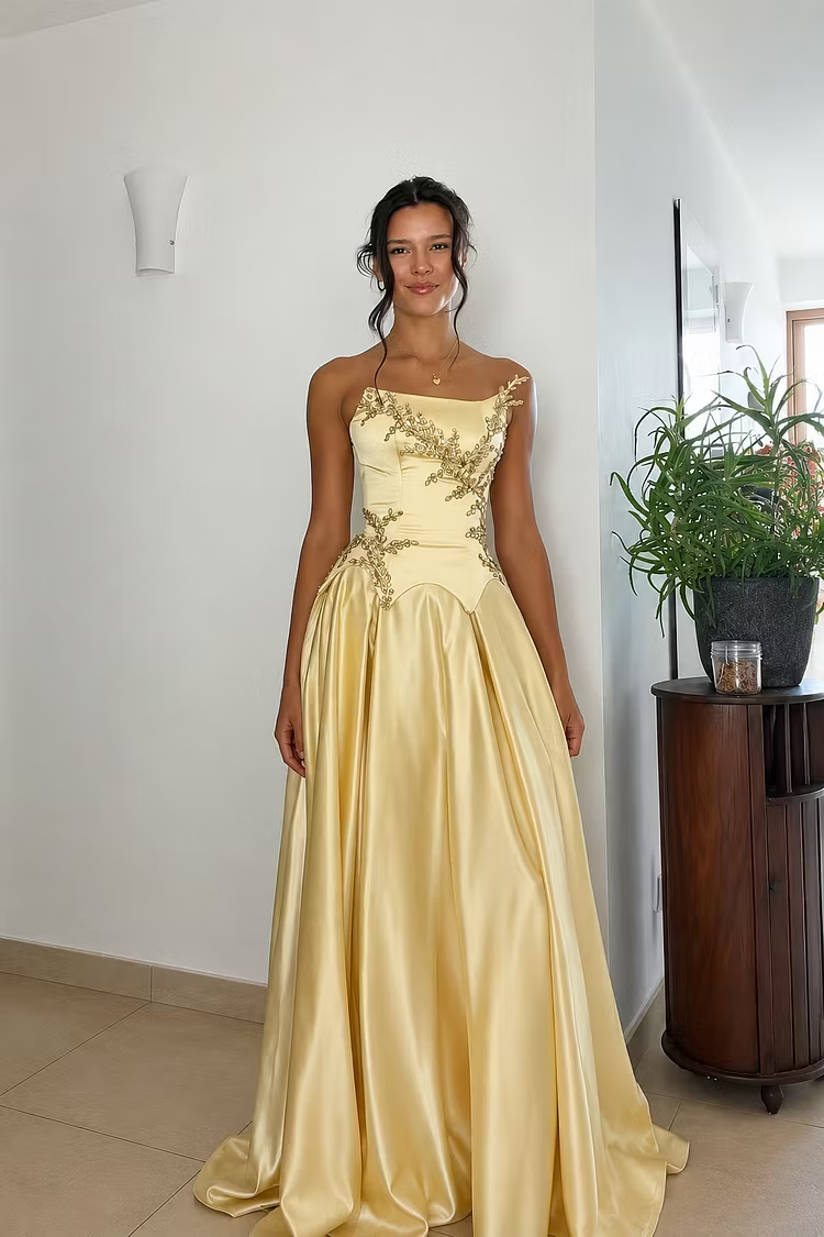 Gorgeous Yellow Satin Beaded Long Party Dress Strapless Long Birthday Prom Dress D4393