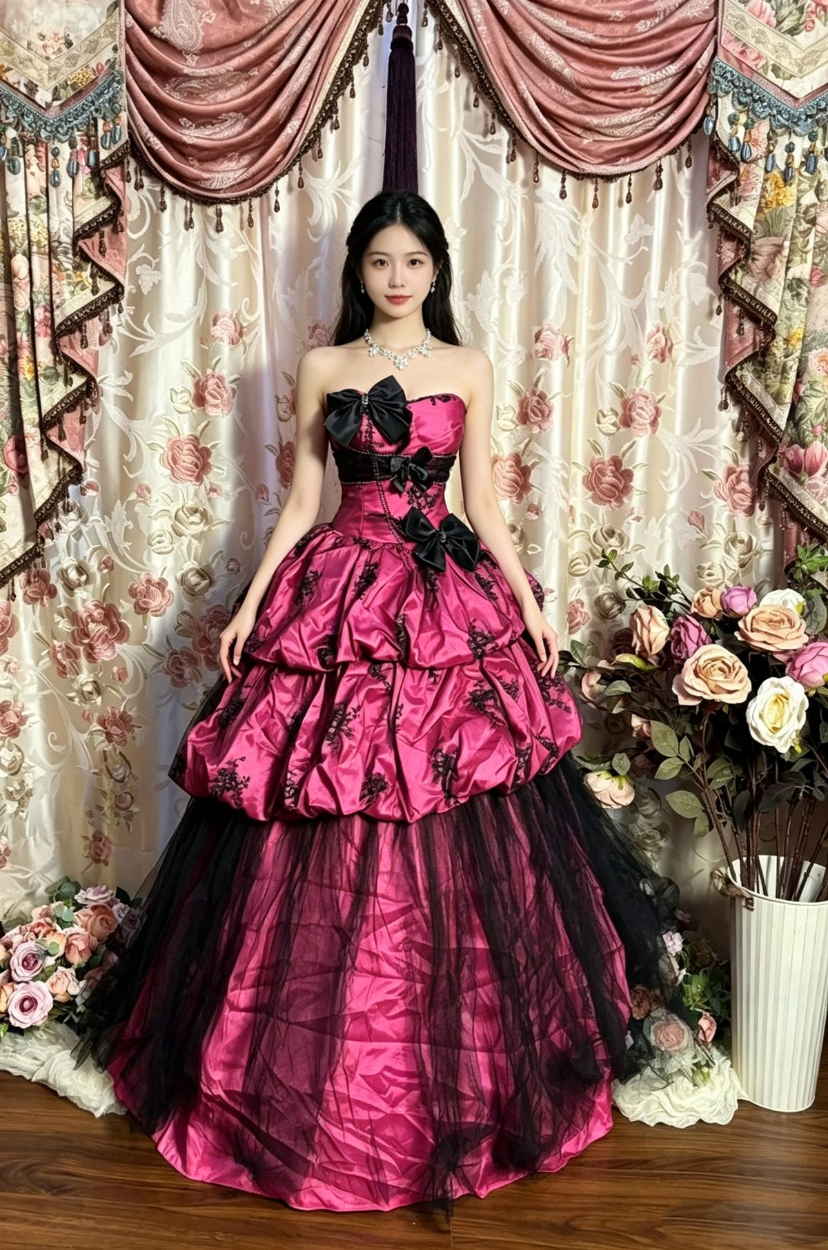 Vintage Strapless Pink Lace Satin Layered Ball Gown Long Party Dress With Bow  D1409