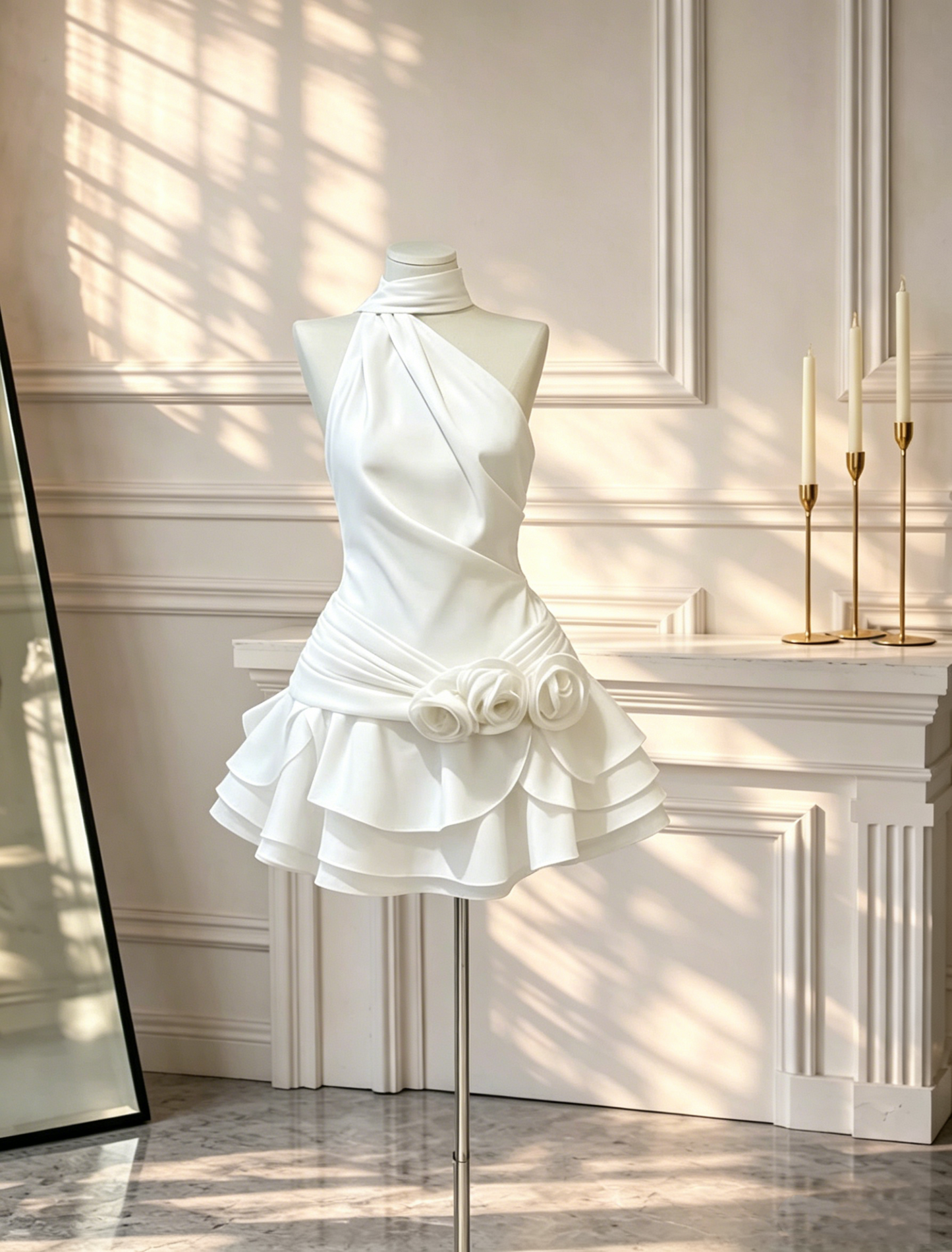 Sexy Halter Satin Floral Mini Cocktail Dress White Short Birthday Dress D2638