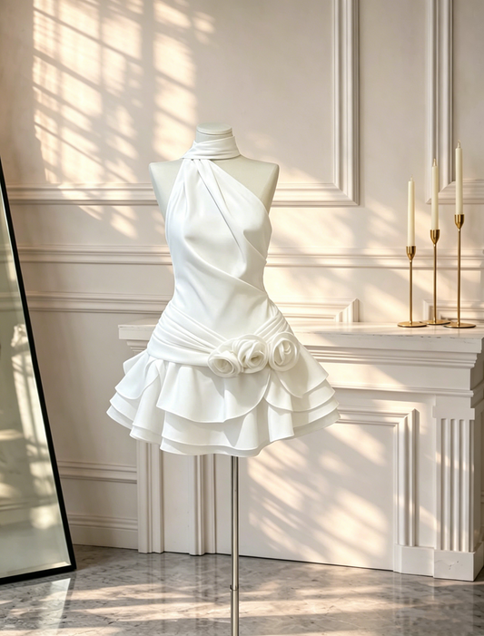 Sexy Halter Satin Floral Mini Cocktail Dress White Short Birthday Dress D2638