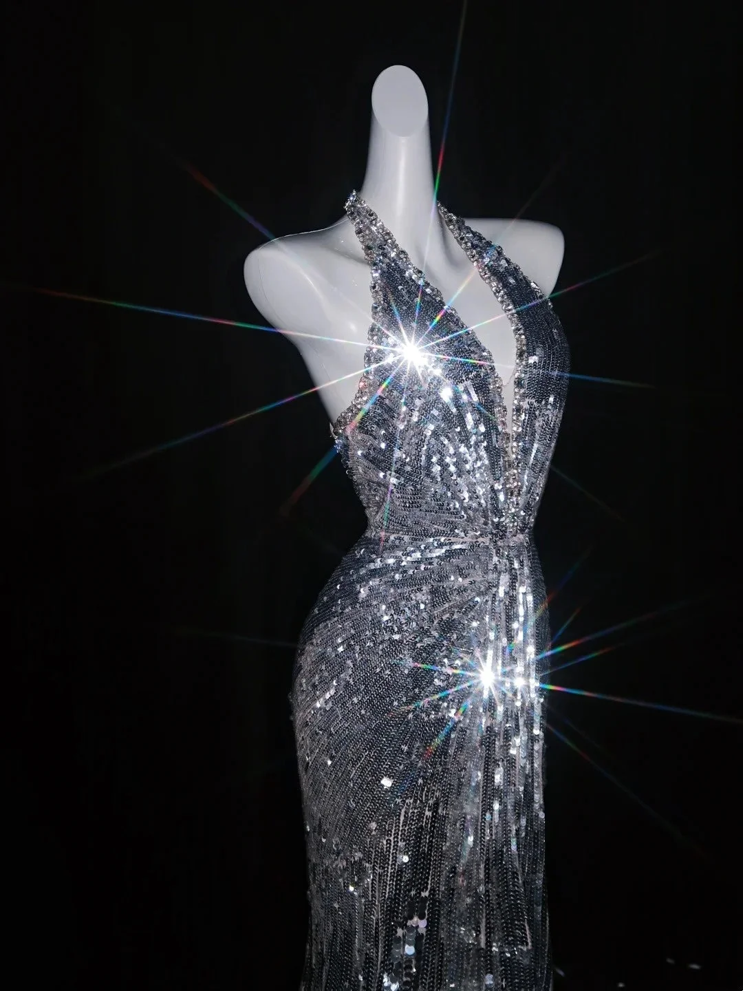 Glitter Silver Sequin Beaded Mermaid Long Evening Dress Halter V Neck Long Birthday Prom Dresses D4847