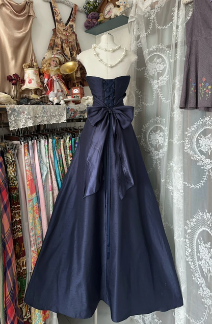 Elegant Navy Blue Strapless Satin Bow A Line Long Wedding Guest Dress Party Dress D1651