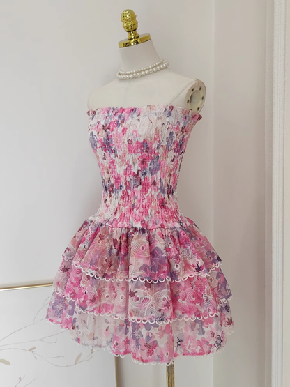 Cute A line Strapless Sleeveless Pink Floral Cocktail Dress Short Birthday Outfits SD388