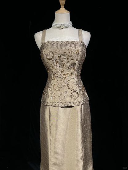 Vintage Spaghetti Straps Satin Beaded Mermaid Long Party Dress Birthday Prom Dress D2839