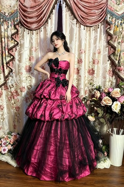 Vintage Strapless Pink Lace Satin Layered Ball Gown Long Party Dress With Bow  D1409