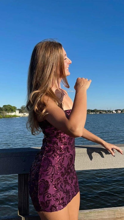 Sexy Purple Satin Sequin Sheath Short 9th Grade Homecoming Dress,Spaghetti Straps Mini Prom Dress D4115