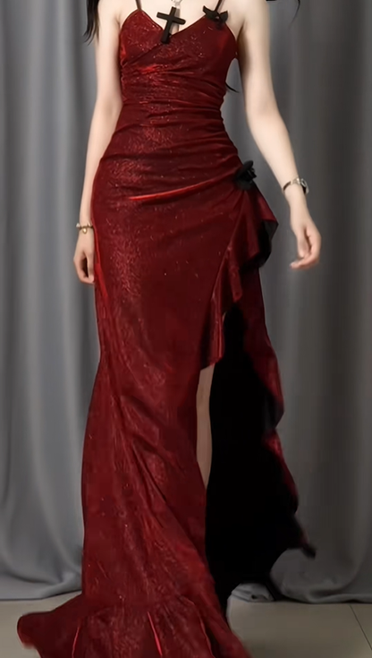 Shiny Spaghetti Straps Burgundy Satin Sequin Ruffles Slit Mermaid Long Party Dress Evening Dress Dress D2487