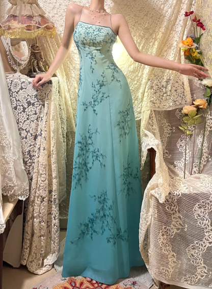 Gorgeous Spaghetti Straps Omber Blue Chiffon Beaded Mermaid Long Party Dress Evening Gown D21118