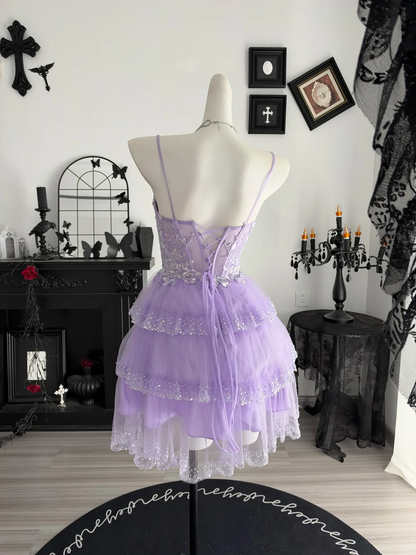 Pretty Lavender Tulle Sequin Layered Short Homecoming Dress Birthday Outfits D4701