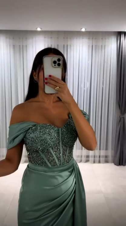 Elegant Green Satin Pleated Beaded Mermaid Long Party Dress Off The Shoulder Evening Dress D5056