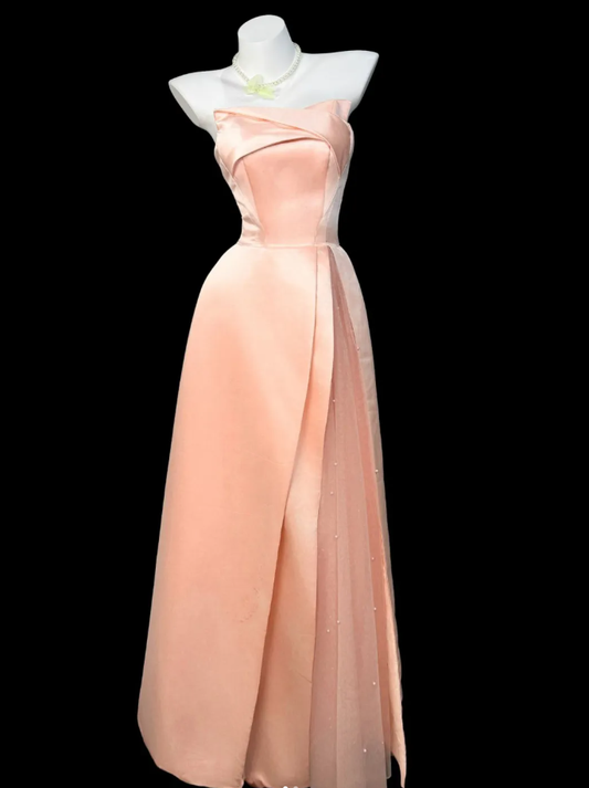 Sweet Pink Strapless Satin Tulle Beaded A Line Party Dress Long Wedding Guest Dress D2338