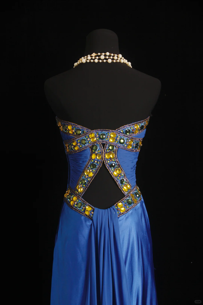 Elegant Strapless Blue Satin Chiffon Beaded Mermaid Long Evening Dress Birthday Party Dress D2855