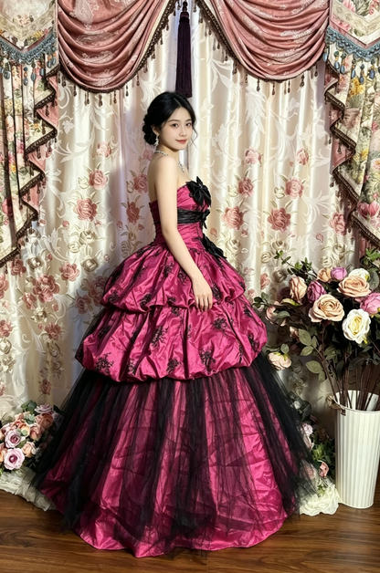 Vintage Strapless Pink Lace Satin Layered Ball Gown Long Party Dress With Bow  D1409