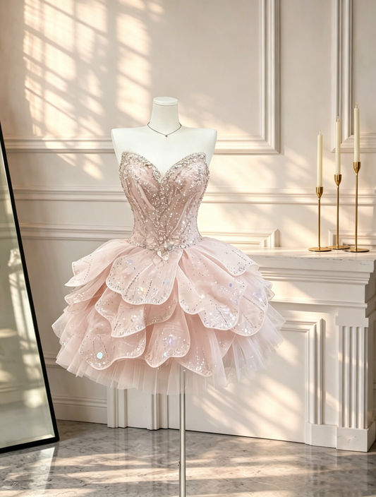 Glamorous Strapless Pink Tulle Petals Sequin Beaded A Line Short 18th Birthday Dress Homecoming Dress D2654