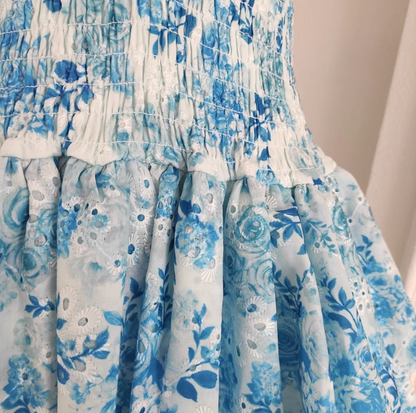 Cute A line Strapless Sleeveless Blue Floral Party Dress Short Birthday Outfits SD380