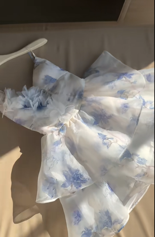 Beautiful Blue Chiffon Print Floral Short Holiday Dress Spaghetti Straps A Line Homecoming Dress S405