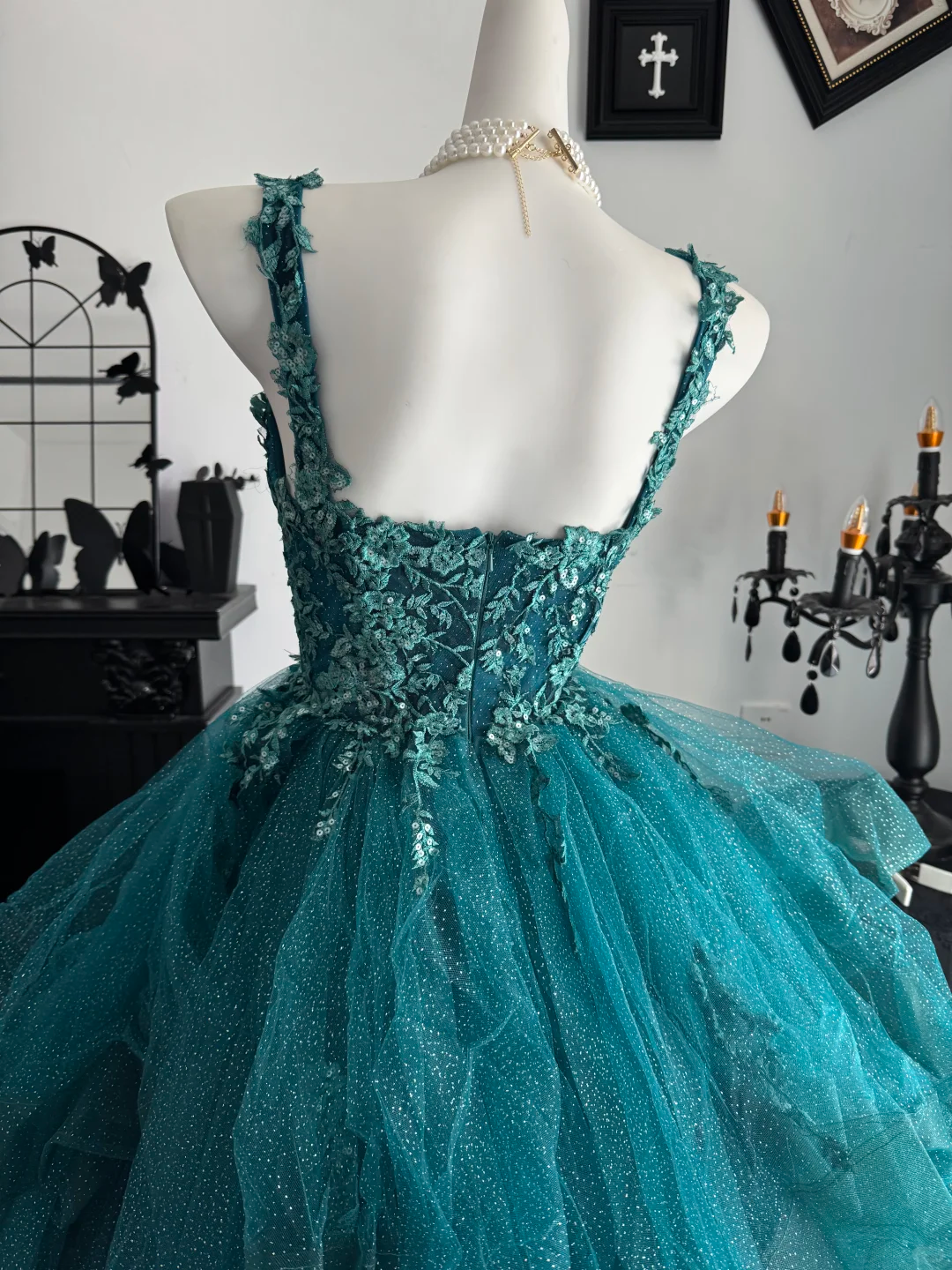 Pretty Spaghetti Straps Ball Gown Teal Tulle Appliques Quinceanera Dress D3694