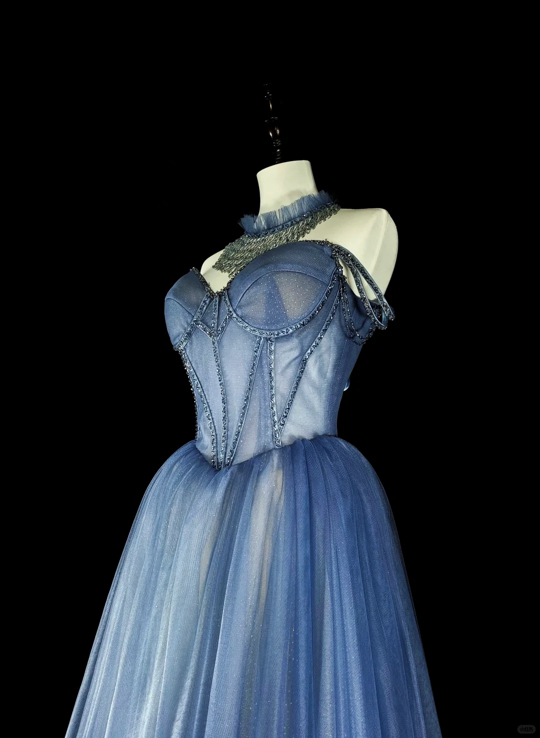Charming Off The Shoulder Tulle Sequin Beaded Long Prom Dress Blue Evening Dress D5384