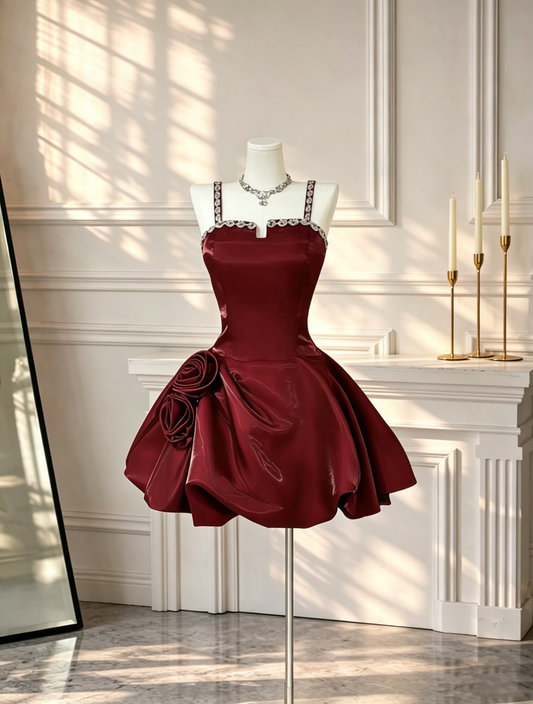 Fashion Spaghetti Straps Mini Cocktail Dress Burgundy Satin Beaded Short Birthday Outfits With 3D Floral D2655