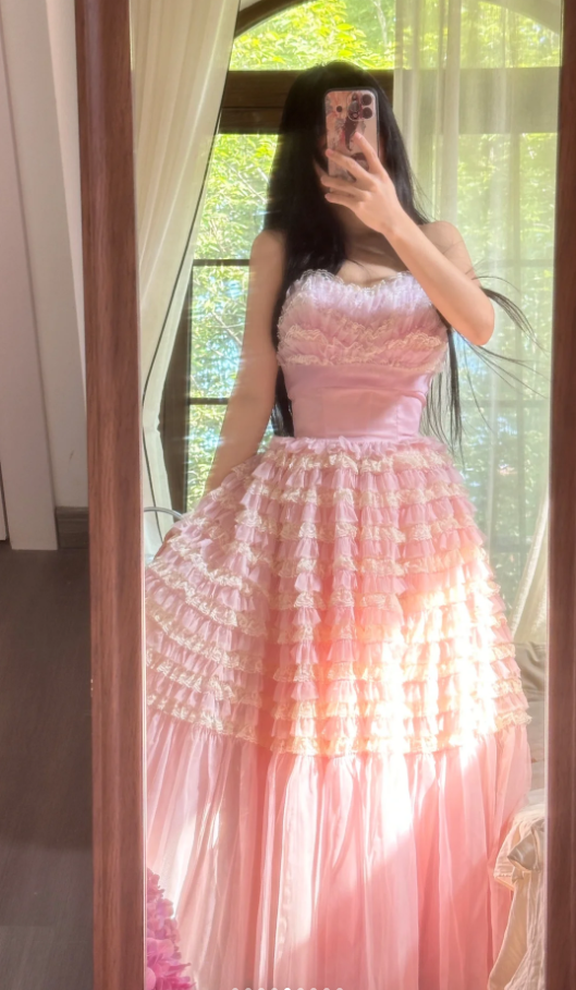 Sweet Strapless Pink Tulle Pleated A Line Long Party Dress Princess Birthday Prom Gowns D2309