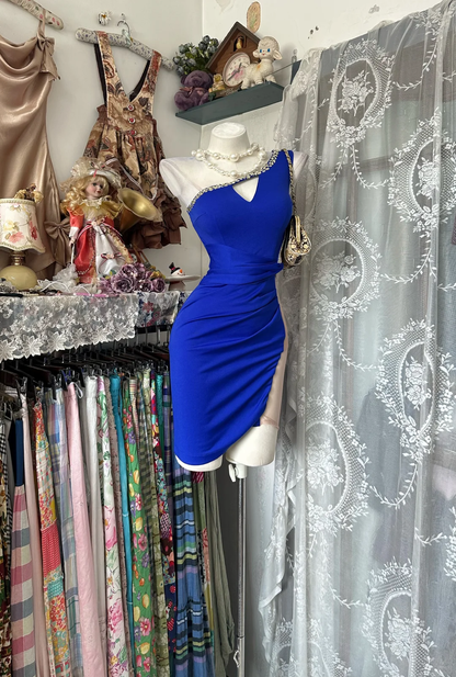 Sexy One Shoulder Satin Beaded Sheath Cocktail Dress,Royal Blue Short 6th Grade Homecoming Dress D3352