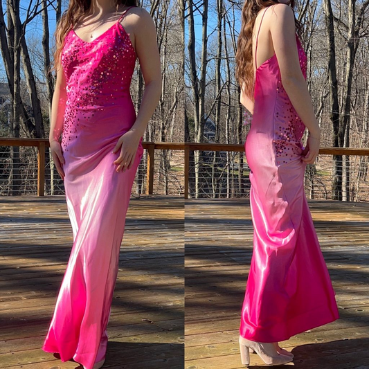 Stylish Spaghetti Straps Ombre Pink Satin Sequin Long Wedding Guest Dress Formal Evening Dress D1889