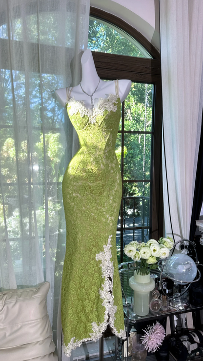 Vintage Spaghetti Straps Green Lace Appliques Slit Mermaid Prom Gown Long Party Dress D866