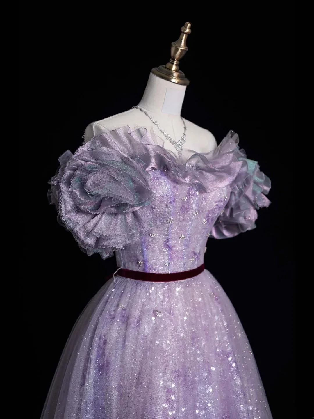 Charming Ball Gown Off The Shoulder Lilac Sequin Tulle Long Prom Dresses Evening Dress D4844
