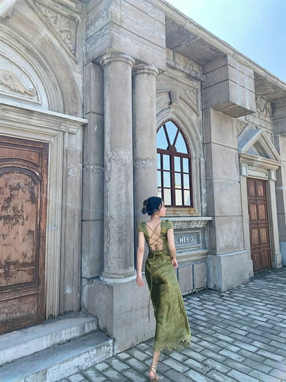 Sexy Mermaid V Neckline Short Sleeves Lace Green Floor Length Evening Dress Prom Dresses SD1604