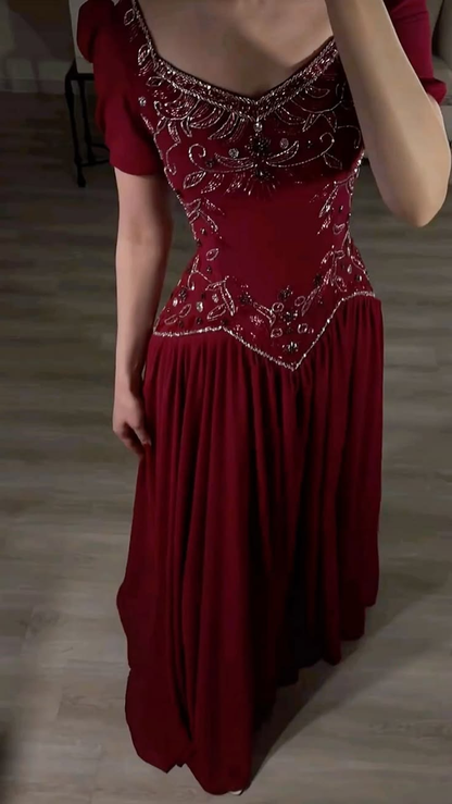Gorgeous Red Satin Beaded A Line Long Party Dress Evening Gown D4927