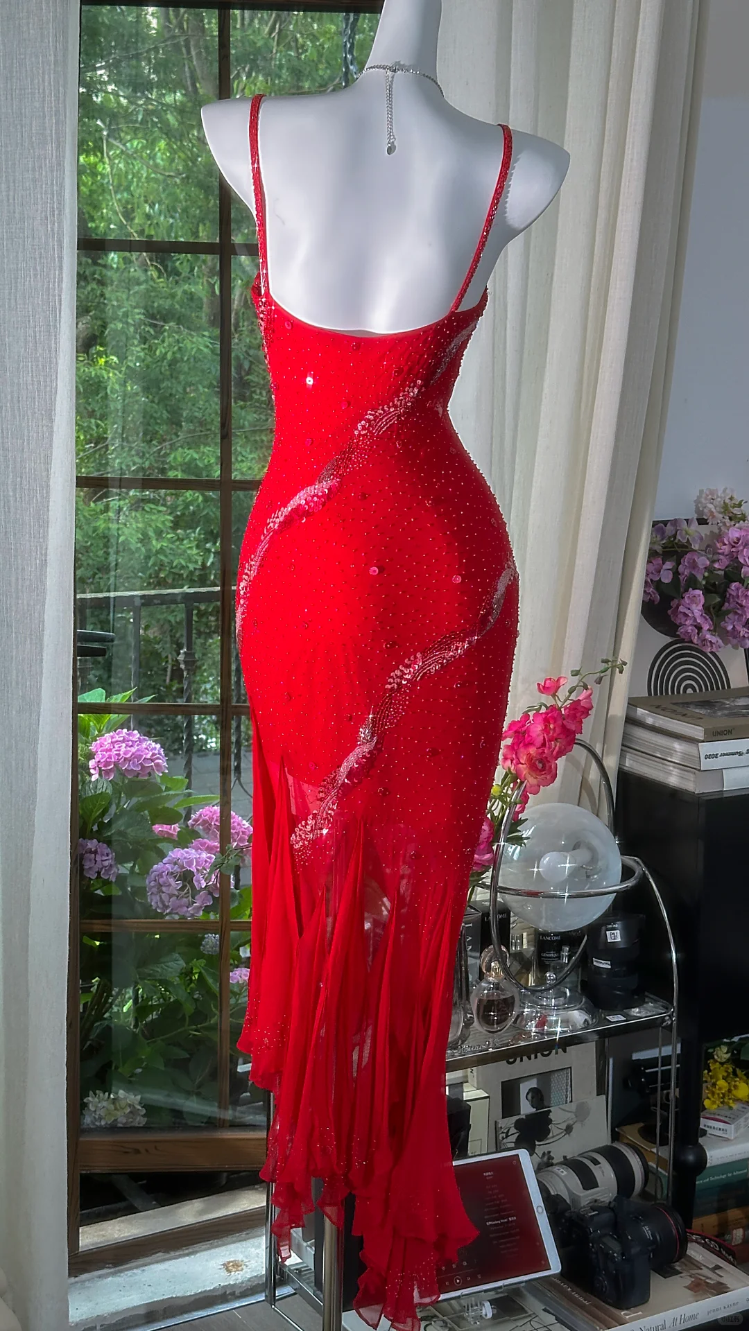 Charming Spaghetti Straps Red Chiffon Beaded Sheath Prom Dress Evening Gown D1162